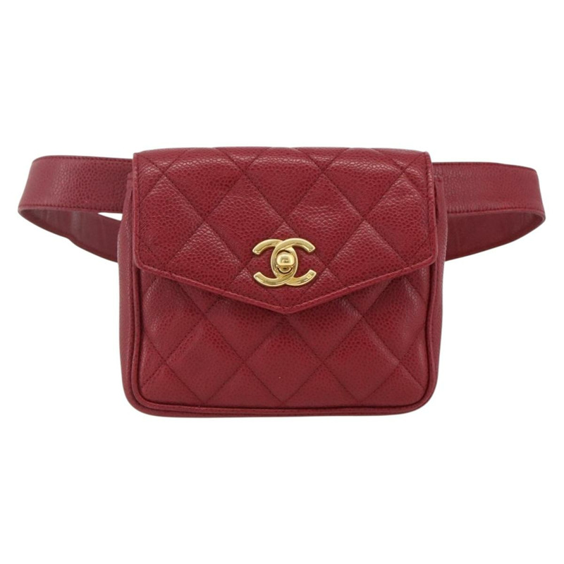 【日本直送】香奈兒 Matelasse 腰包 魚子醬紋皮革 紅色 金 CC 標誌 Auth 173394A-12