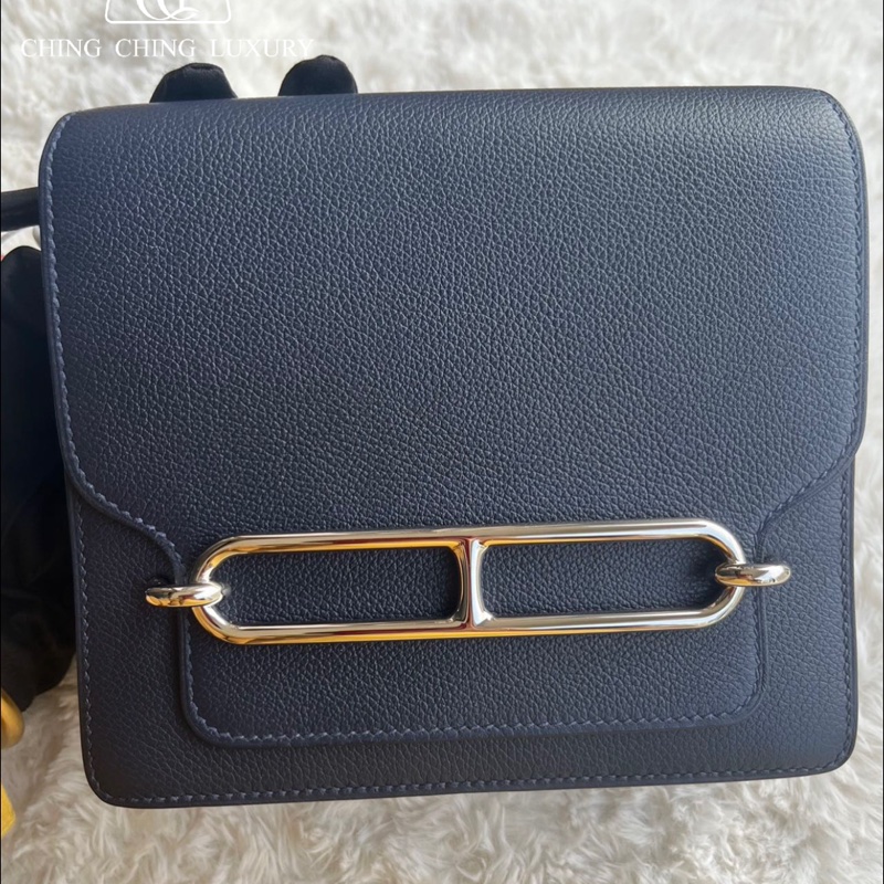 🌈Hermes💙Mini Roulis 19💙午夜藍内拼橙色銀扣🌟99新🌟Evercolor皮🌟豬鼻子🌟愛馬仕🌟-0