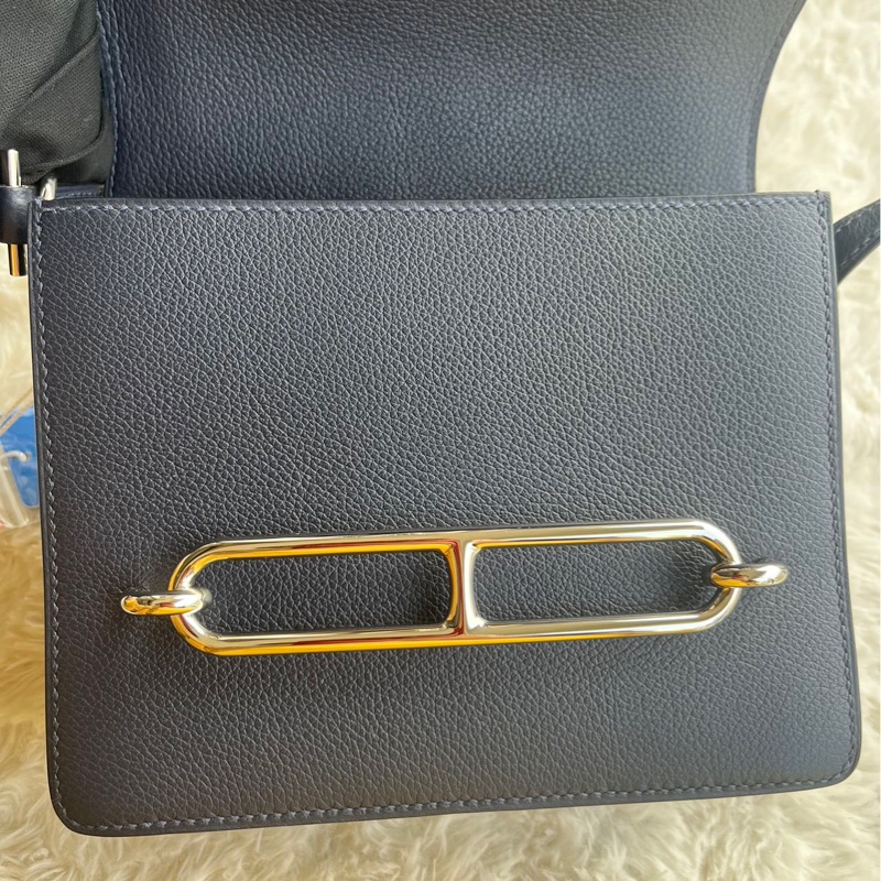 🌈Hermes💙Mini Roulis 19💙午夜藍内拼橙色銀扣🌟99新🌟Evercolor皮🌟豬鼻子🌟愛馬仕🌟-2