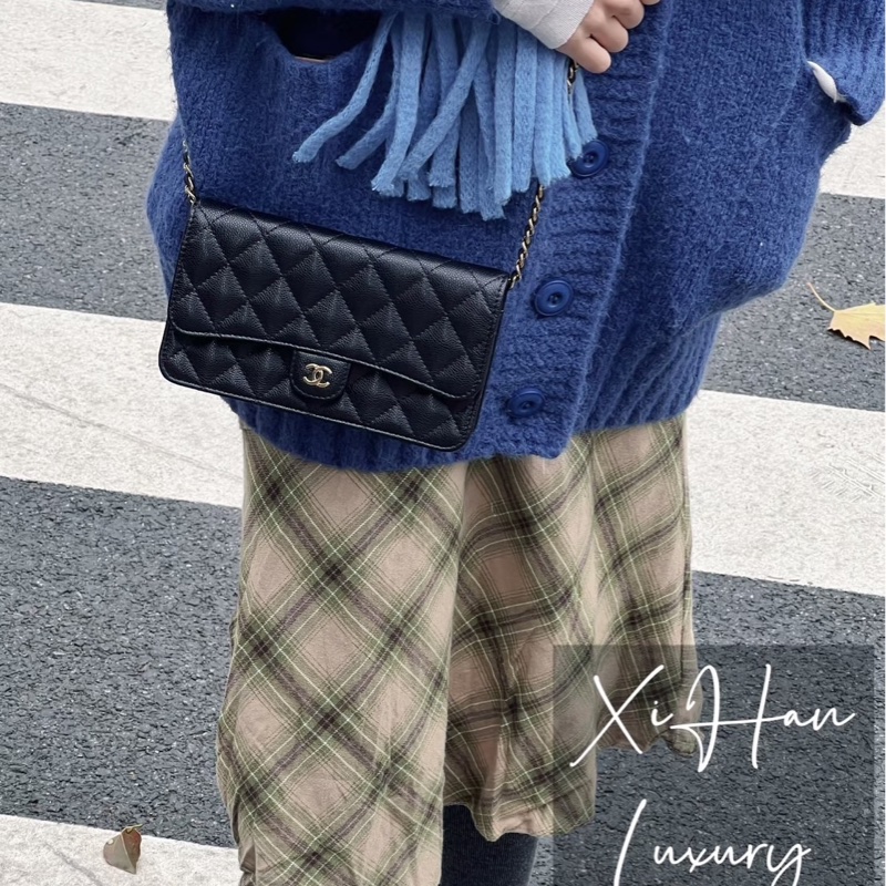 香奈兒 CHANEL 24K AP3744 荔枝牛皮 Cf WOC 手機包 斜背包 黑金-2