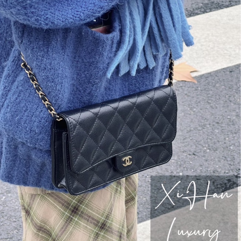 香奈兒 CHANEL 24K AP3744 荔枝牛皮 Cf WOC 手機包 斜背包 黑金-3