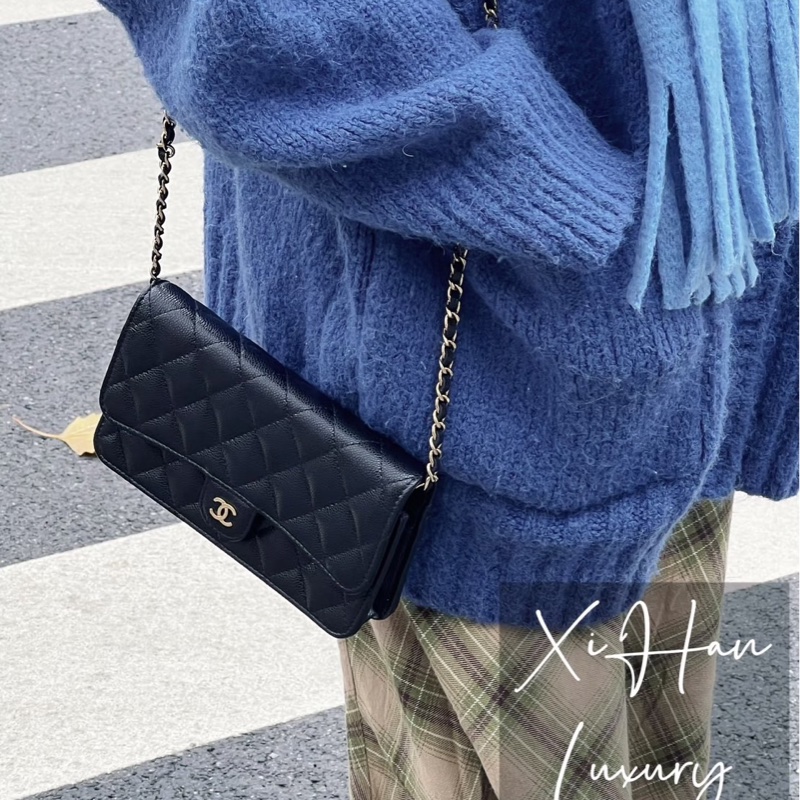 香奈兒 CHANEL 24K AP3744 荔枝牛皮 Cf WOC 手機包 斜背包 黑金-4