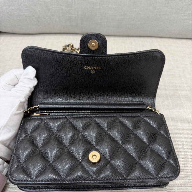 香奈兒 CHANEL 24K AP3744 荔枝牛皮 Cf WOC 手機包 斜背包 黑金-17