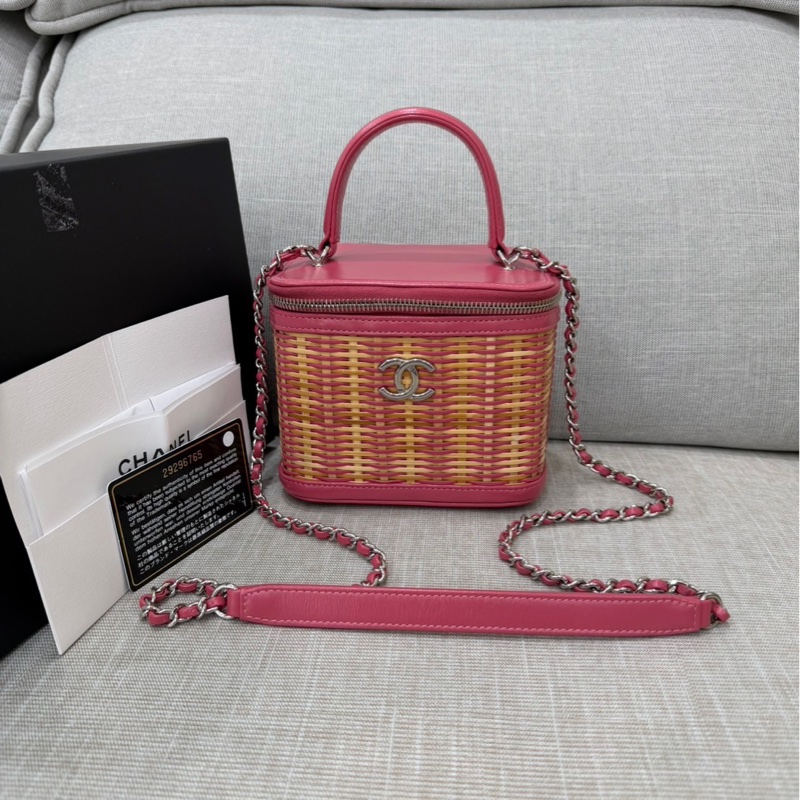 Chanel香奈兒 2020ss限量春夏系列竹編包竹籃子藤條包 粉色化妝包 手提單肩斜挎包-7