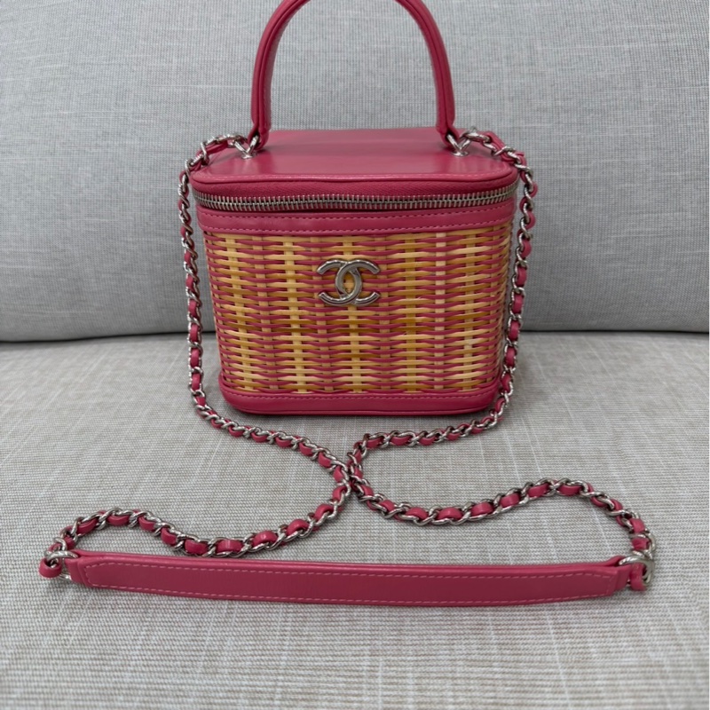 Chanel香奈兒 2020ss限量春夏系列竹編包竹籃子藤條包 粉色化妝包 手提單肩斜挎包-8