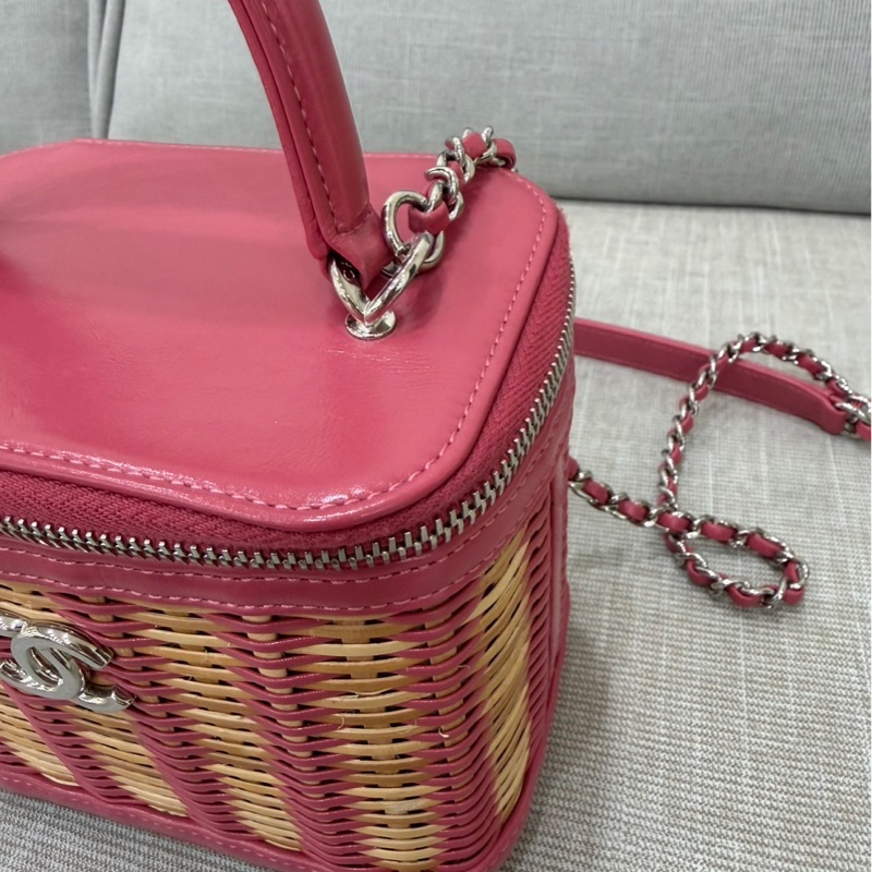 Chanel香奈兒 2020ss限量春夏系列竹編包竹籃子藤條包 粉色化妝包 手提單肩斜挎包-19