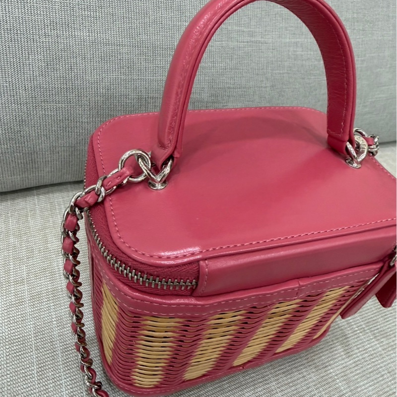 Chanel香奈兒 2020ss限量春夏系列竹編包竹籃子藤條包 粉色化妝包 手提單肩斜挎包-22