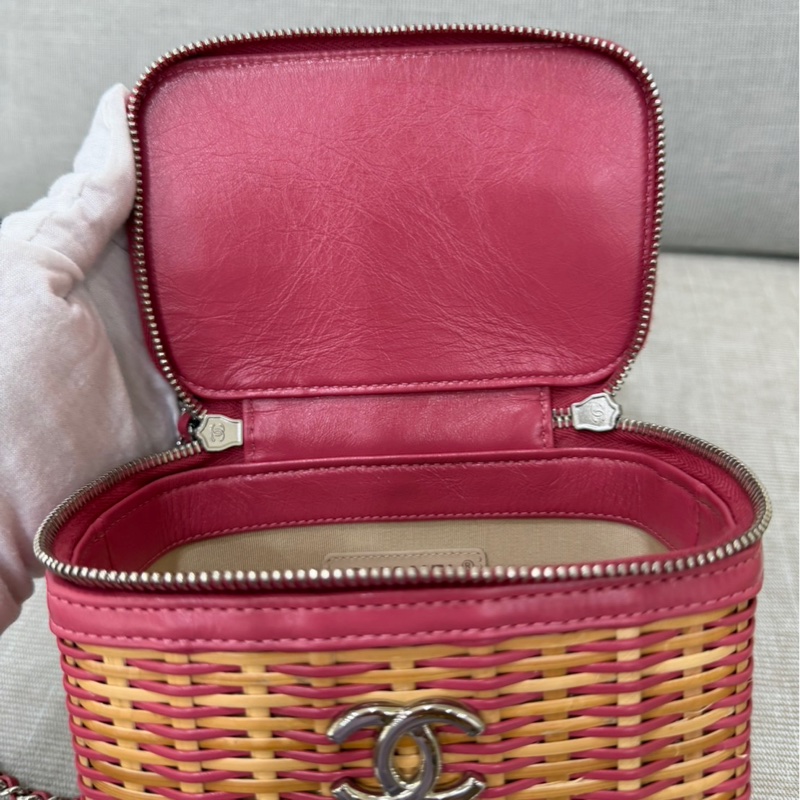 Chanel香奈兒 2020ss限量春夏系列竹編包竹籃子藤條包 粉色化妝包 手提單肩斜挎包-26
