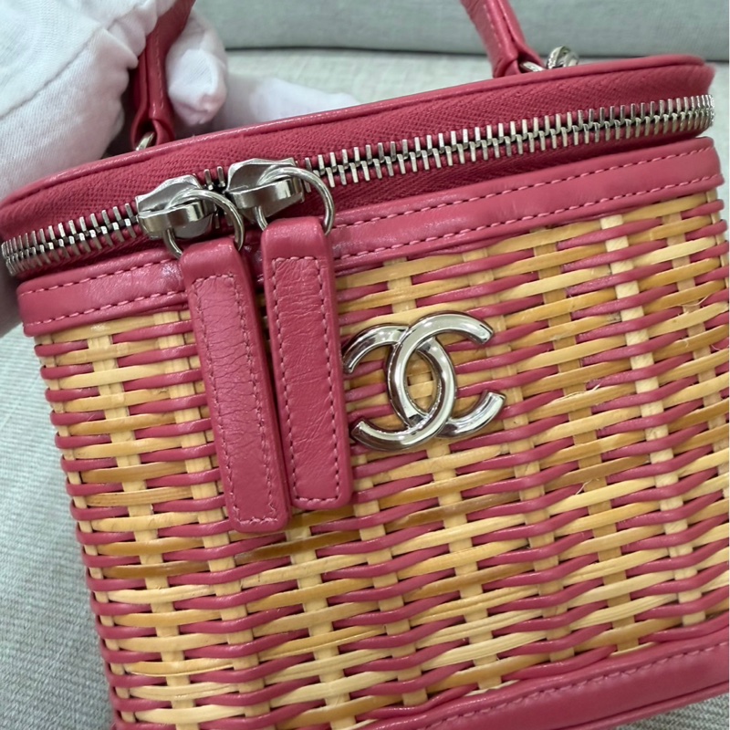 Chanel香奈兒 2020ss限量春夏系列竹編包竹籃子藤條包 粉色化妝包 手提單肩斜挎包-34