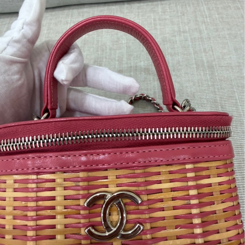 Chanel香奈兒 2020ss限量春夏系列竹編包竹籃子藤條包 粉色化妝包 手提單肩斜挎包-35