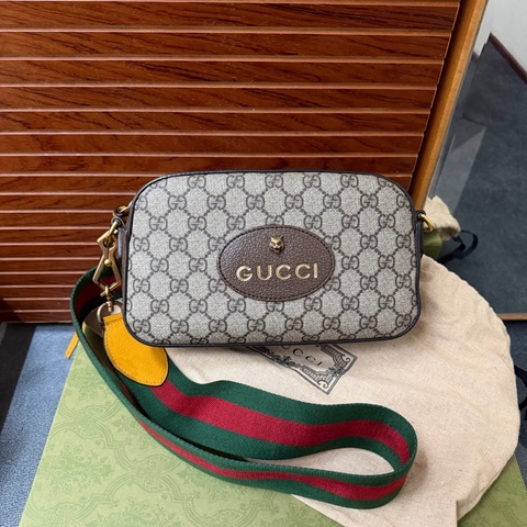 Gucci經典帆布印花雙色織帶/虎頭相機包