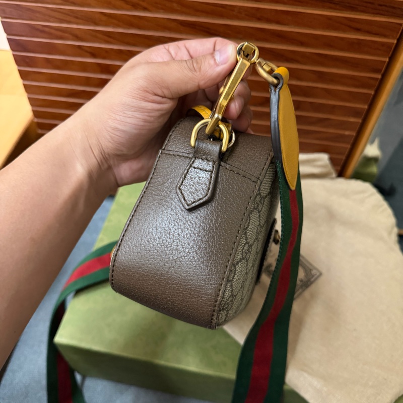 Gucci經典帆布印花雙色織帶/虎頭相機包-4