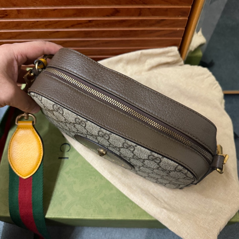 Gucci經典帆布印花雙色織帶/虎頭相機包-5