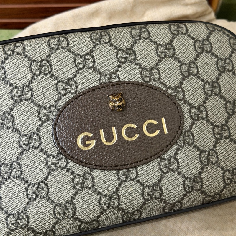 Gucci經典帆布印花雙色織帶/虎頭相機包-6