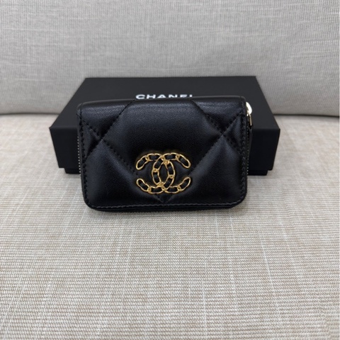 香奈兒Chanel 19 拉鍊零錢包 卡包 黑金#芯片款#