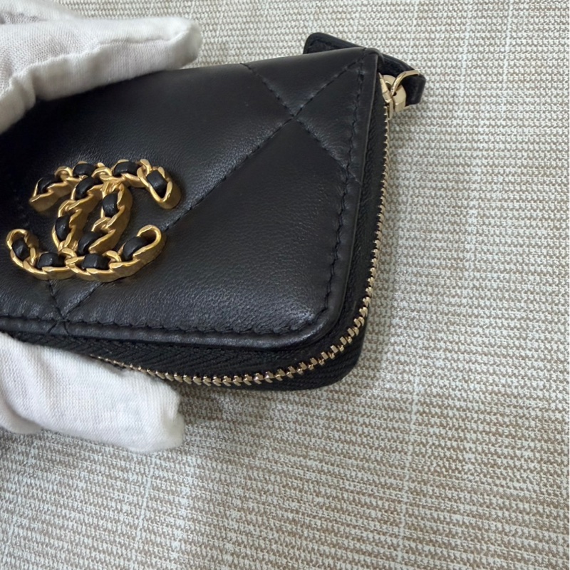 香奈兒Chanel 19 拉鍊零錢包 卡包 黑金#芯片款#-7