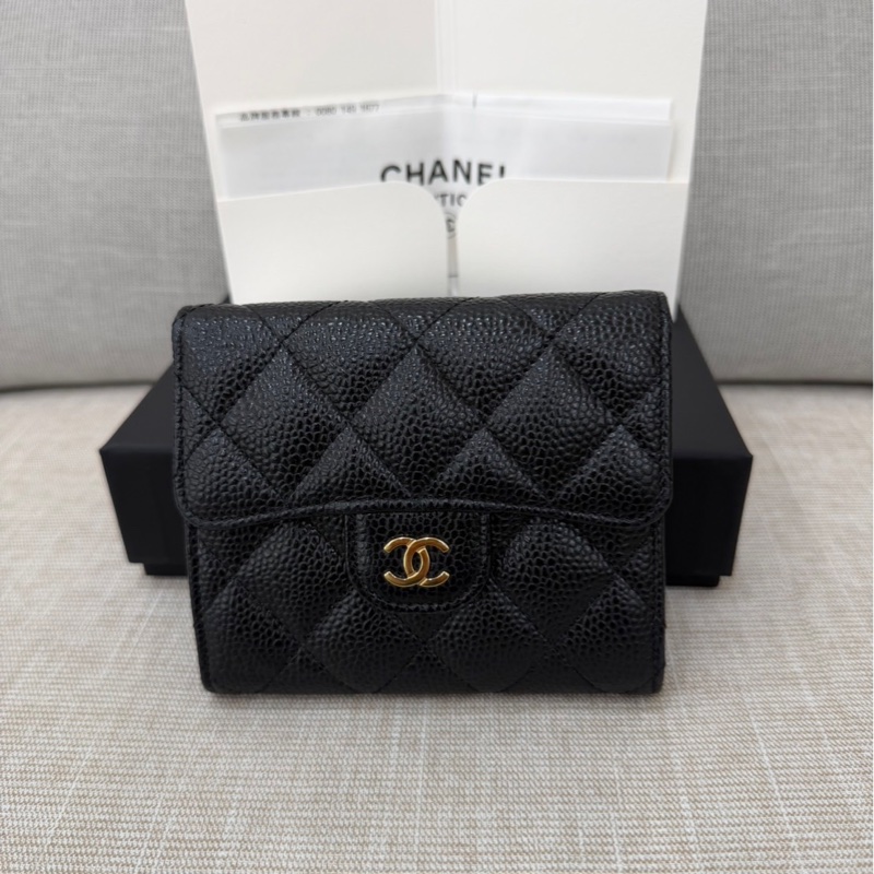 香奈兒Chanel 荔枝牛皮經典三折短夾#黑金#-0
