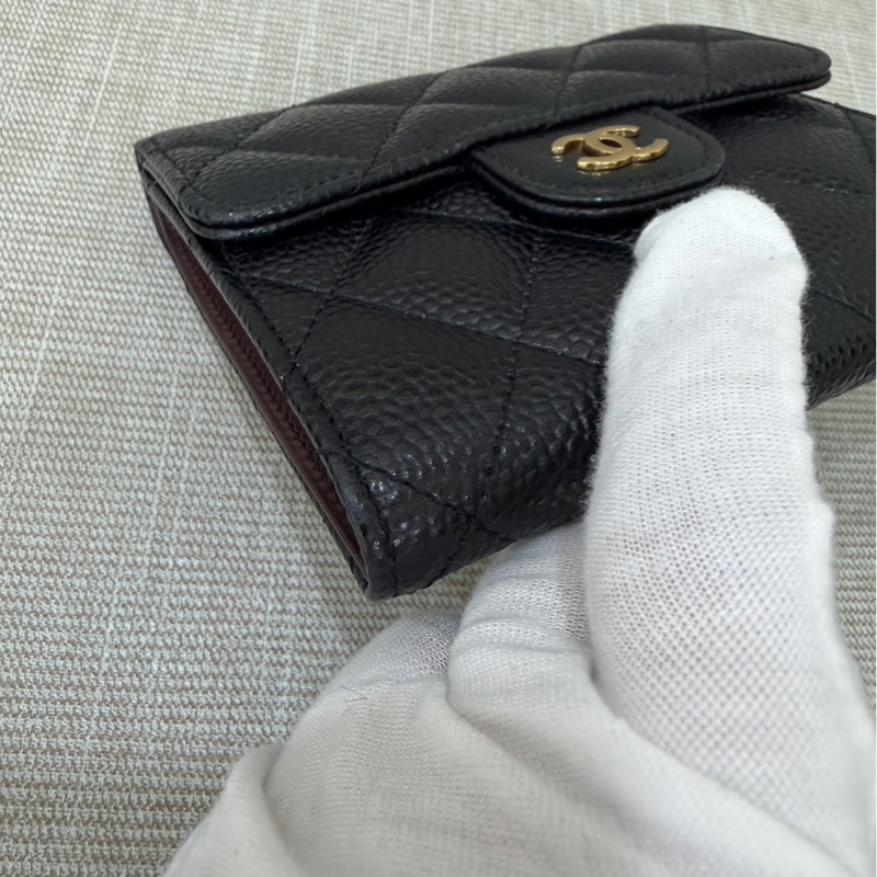 香奈兒Chanel 荔枝牛皮經典三折短夾#黑金#-8