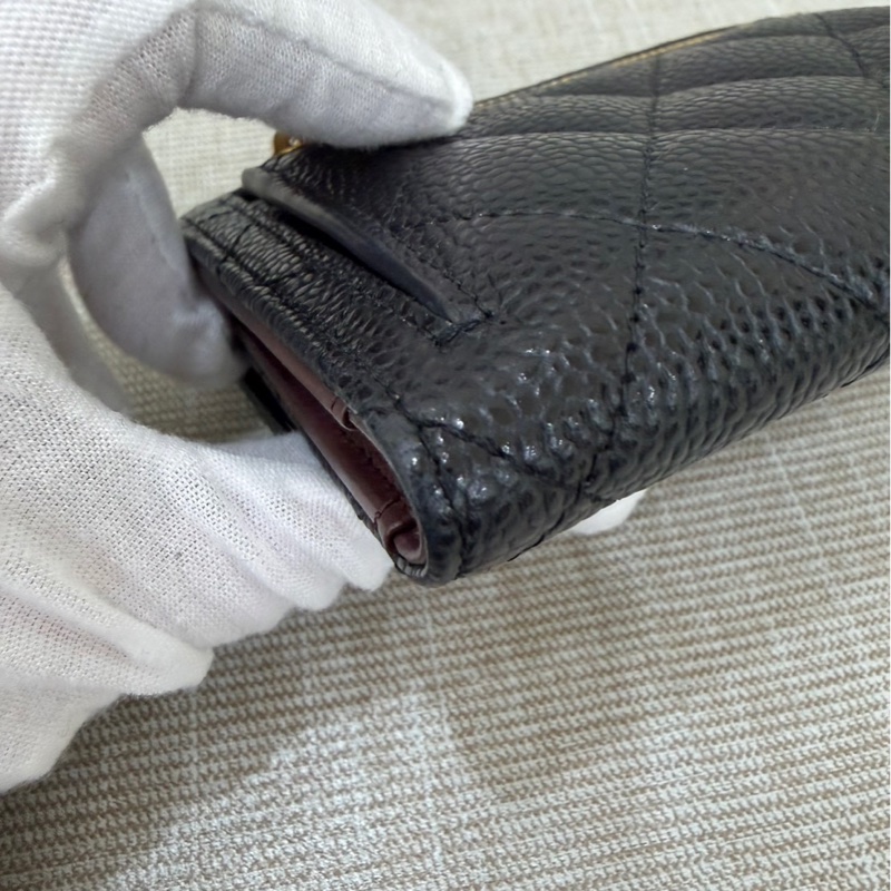 香奈兒Chanel 荔枝牛皮經典三折短夾#黑金#-10