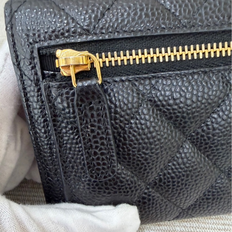 香奈兒Chanel 荔枝牛皮經典三折短夾#黑金#-13