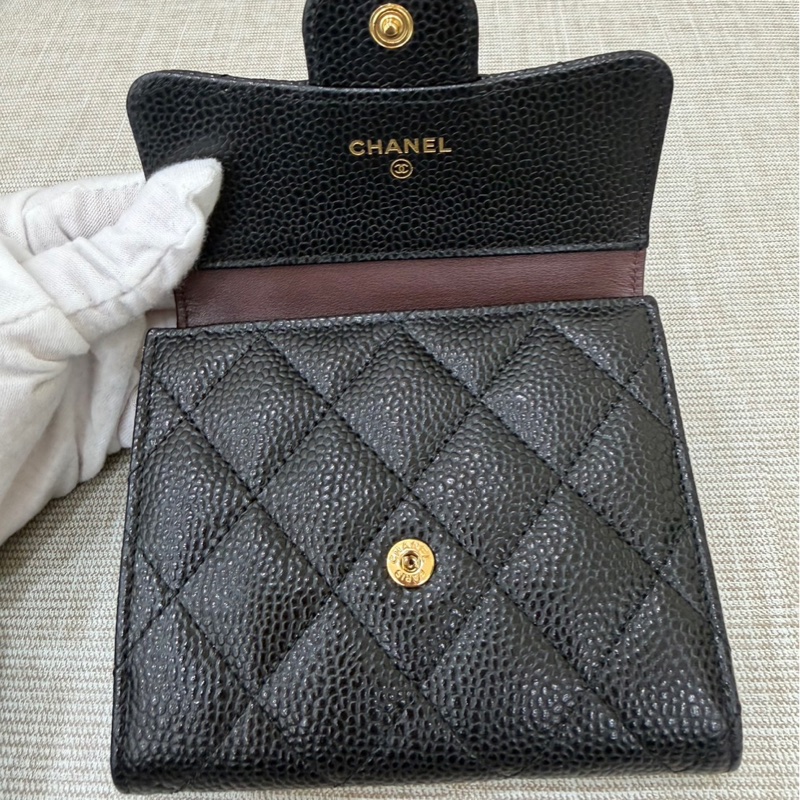 香奈兒Chanel 荔枝牛皮經典三折短夾#黑金#-15