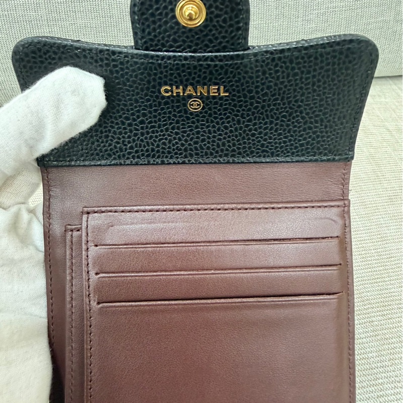 香奈兒Chanel 荔枝牛皮經典三折短夾#黑金#-16