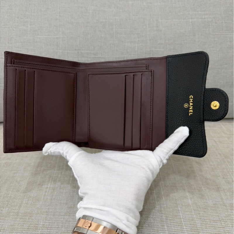 香奈兒Chanel 荔枝牛皮經典三折短夾#黑金#-19