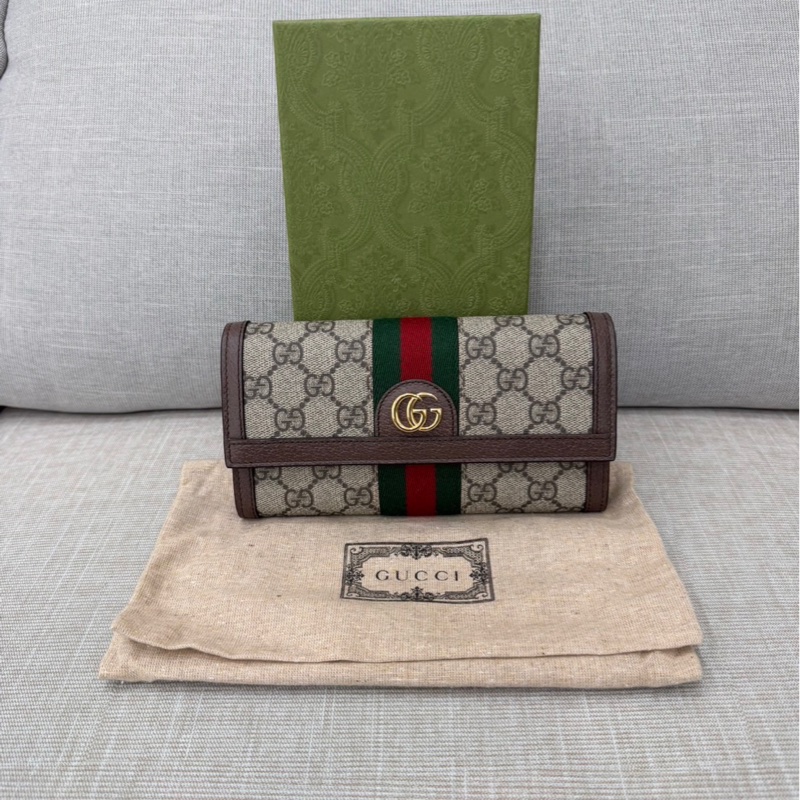 GUCCI Ophidia GG 品牌經典織帶印 花翻蓋釦式長夾(駝/棕)-1