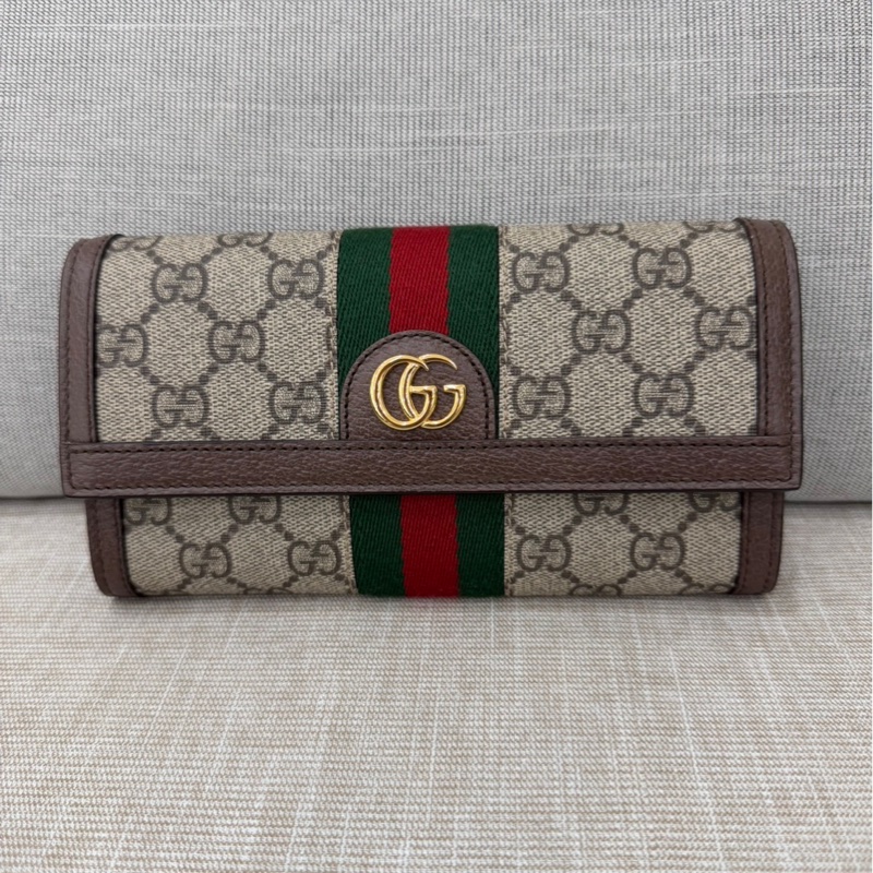 GUCCI Ophidia GG 品牌經典織帶印 花翻蓋釦式長夾(駝/棕)-2