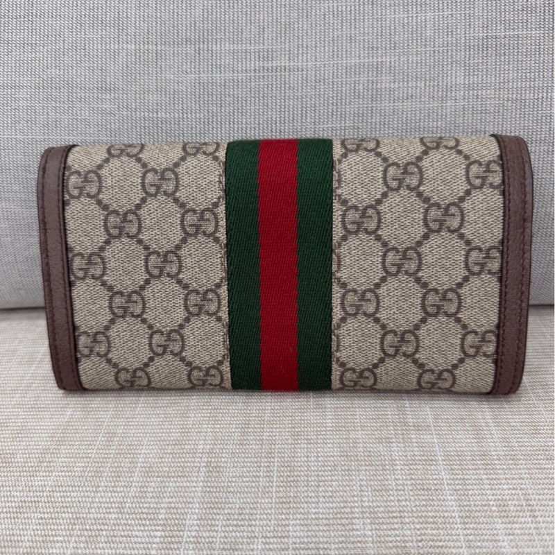 GUCCI Ophidia GG 品牌經典織帶印 花翻蓋釦式長夾(駝/棕)-3