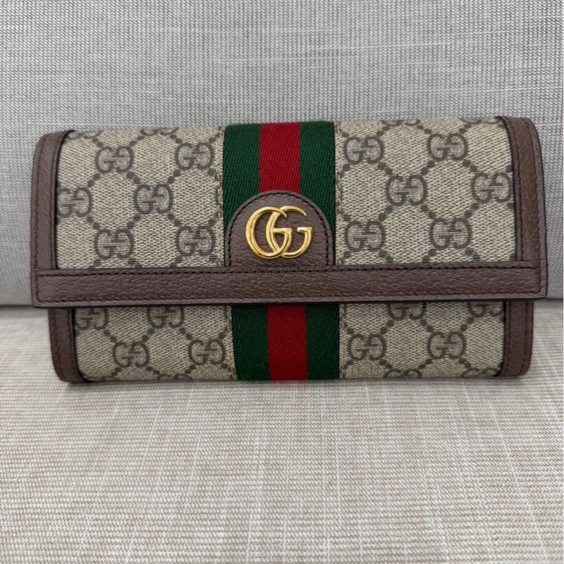GUCCI Ophidia GG 品牌經典織帶印 花翻蓋釦式長夾(駝/棕)-4