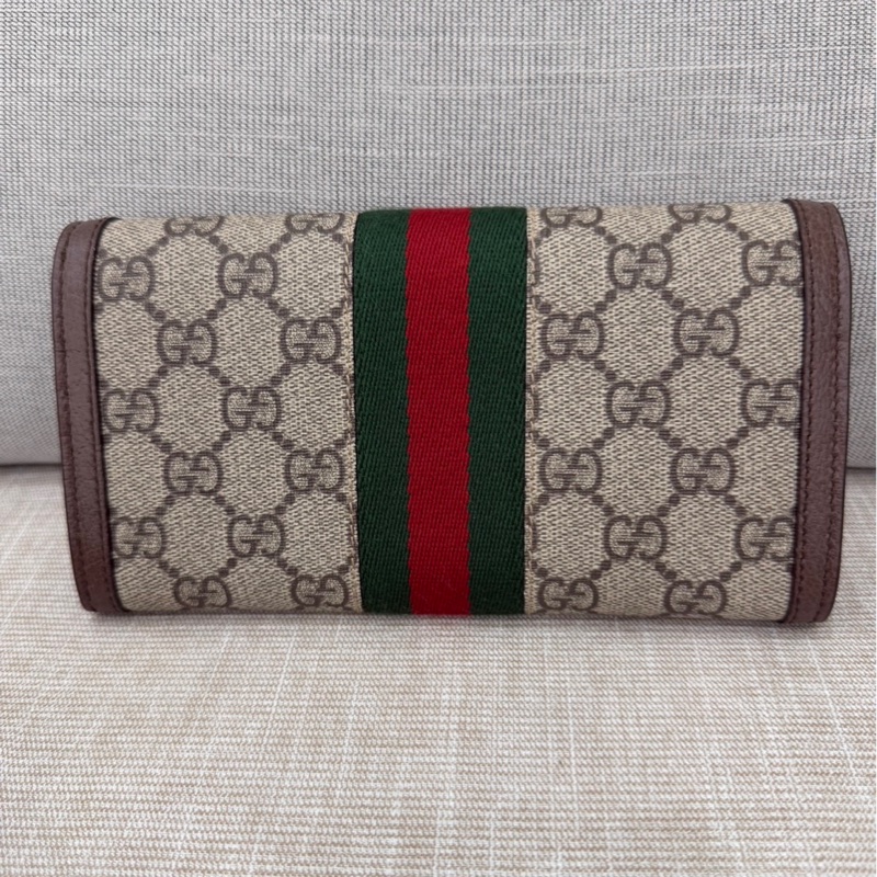 GUCCI Ophidia GG 品牌經典織帶印 花翻蓋釦式長夾(駝/棕)-5