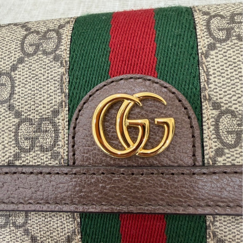 GUCCI Ophidia GG 品牌經典織帶印 花翻蓋釦式長夾(駝/棕)-12