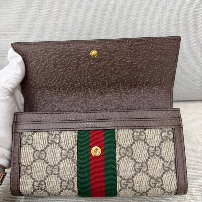 GUCCI Ophidia GG 品牌經典織帶印 花翻蓋釦式長夾(駝/棕)-13