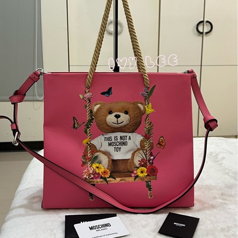 Moschino 經典盪鞦韆泰迪熊 Swing Bear 兩用托特包 粉色/防刮皮 斜背 手提 正品 二手精品