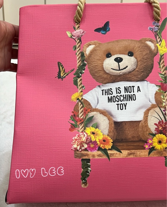 Moschino 經典盪鞦韆泰迪熊 Swing Bear 兩用托特包 粉色/防刮皮 斜背 手提 正品 二手精品-30