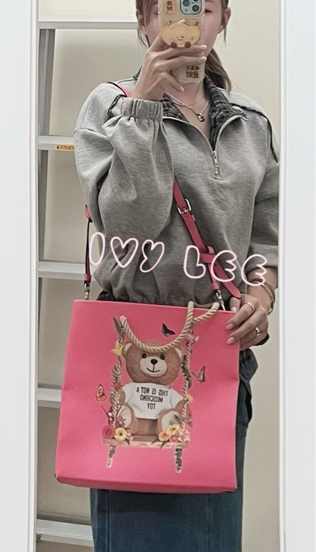 Moschino 經典盪鞦韆泰迪熊 Swing Bear 兩用托特包 粉色/防刮皮 斜背 手提 正品 二手精品-36
