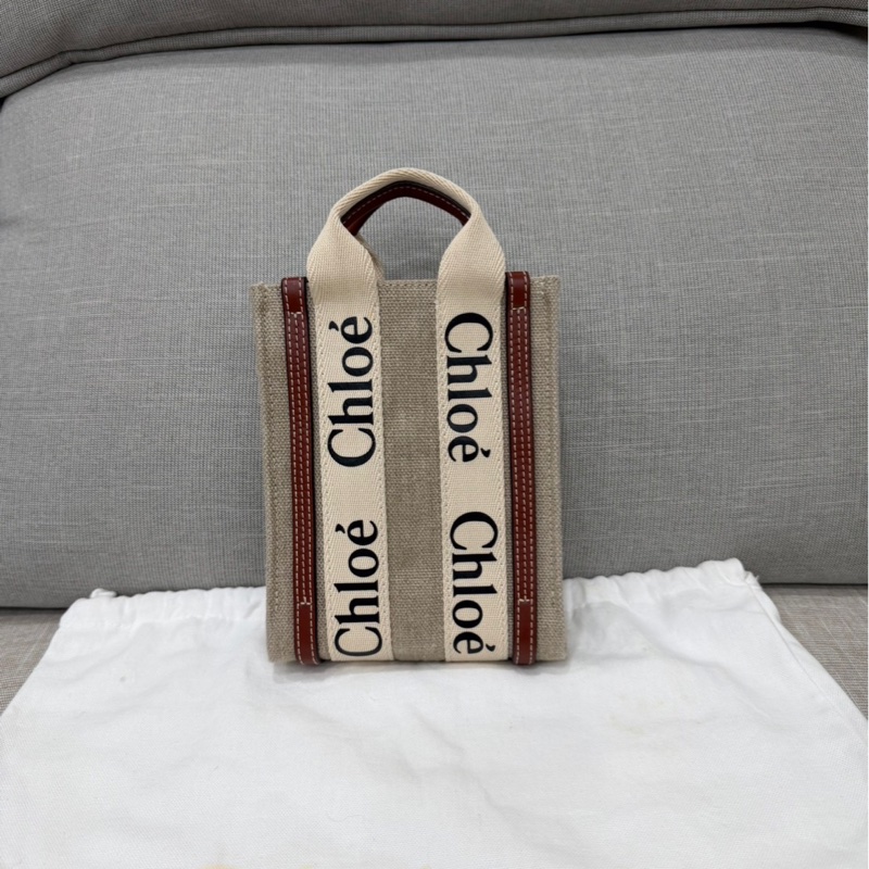 Chloe’ 蔻依 Woody North South 亞麻帆布皮革飾邊直立手提/斜背包(咖啡色)-4
