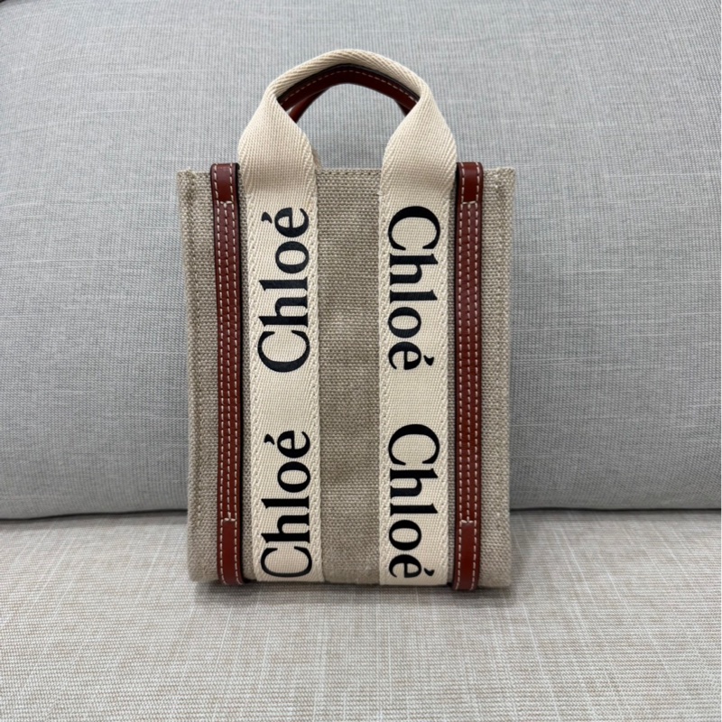 Chloe’ 蔻依 Woody North South 亞麻帆布皮革飾邊直立手提/斜背包(咖啡色)-5