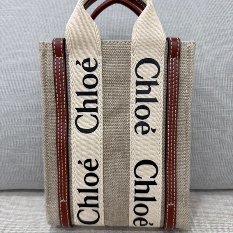 Chloe’ 蔻依 Woody North South 亞麻帆布皮革飾邊直立手提/斜背包(咖啡色)-7