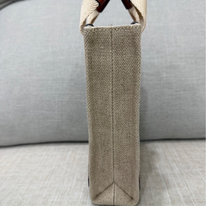 Chloe’ 蔻依 Woody North South 亞麻帆布皮革飾邊直立手提/斜背包(咖啡色)-8