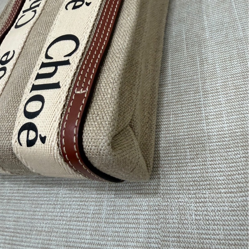 Chloe’ 蔻依 Woody North South 亞麻帆布皮革飾邊直立手提/斜背包(咖啡色)-10
