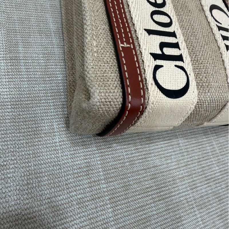 Chloe’ 蔻依 Woody North South 亞麻帆布皮革飾邊直立手提/斜背包(咖啡色)-11