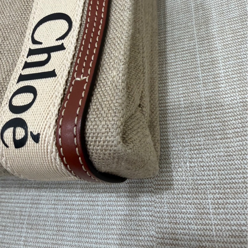 Chloe’ 蔻依 Woody North South 亞麻帆布皮革飾邊直立手提/斜背包(咖啡色)-12