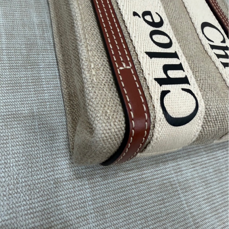 Chloe’ 蔻依 Woody North South 亞麻帆布皮革飾邊直立手提/斜背包(咖啡色)-13