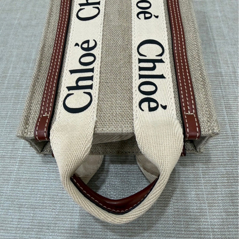 Chloe’ 蔻依 Woody North South 亞麻帆布皮革飾邊直立手提/斜背包(咖啡色)-15