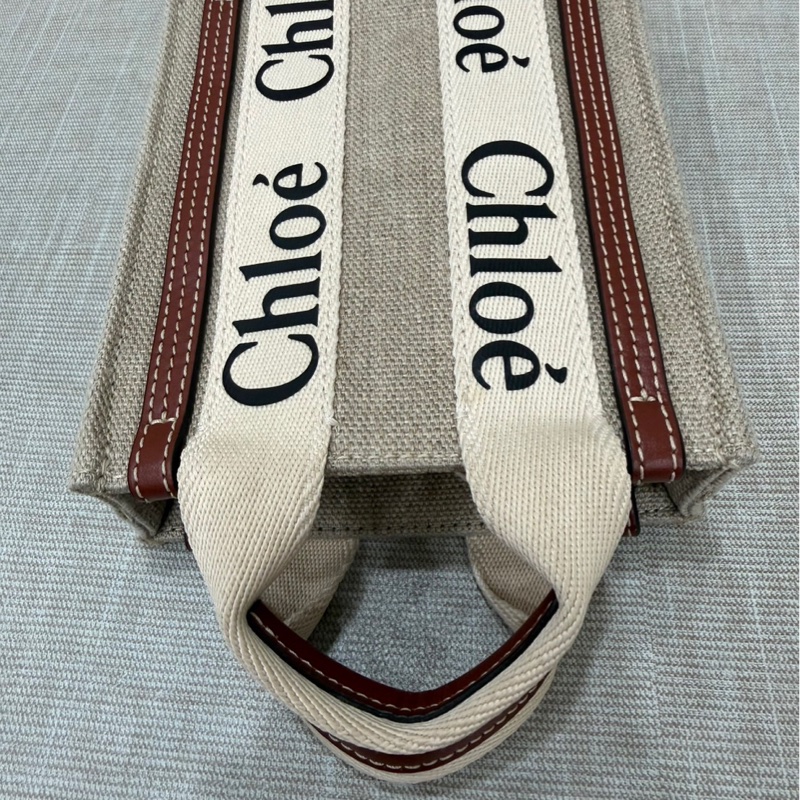 Chloe’ 蔻依 Woody North South 亞麻帆布皮革飾邊直立手提/斜背包(咖啡色)-16