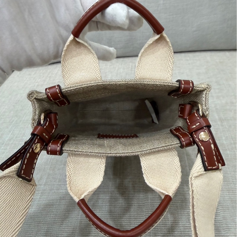 Chloe’ 蔻依 Woody North South 亞麻帆布皮革飾邊直立手提/斜背包(咖啡色)-18
