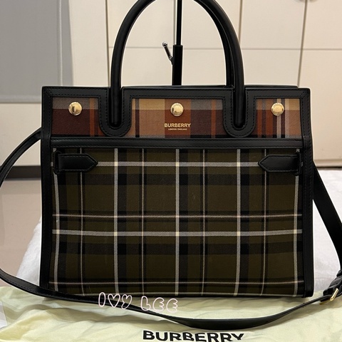 Burberry 綠色帆布皮革雙提手格紋手提包 斜背包 肩背包 棕色 黑色 8035823 正品 二手精品