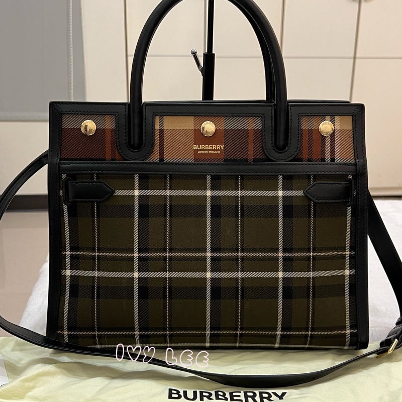 Burberry 綠色帆布皮革雙提手格紋手提包 斜背包 肩背包 棕色 黑色 8035823 正品 二手精品-0
